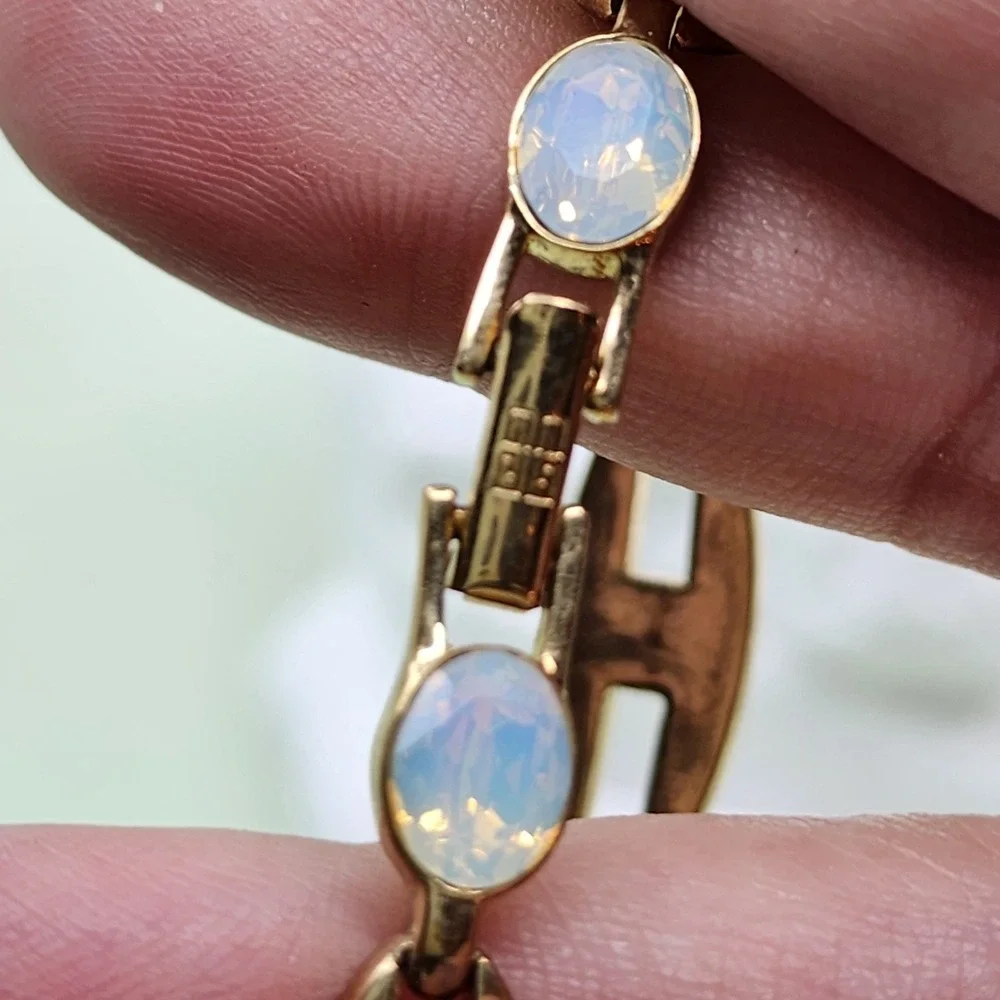 Gold Tone Opalescent Crystal Link Bracelet Brown Baguette Art Deco Statement